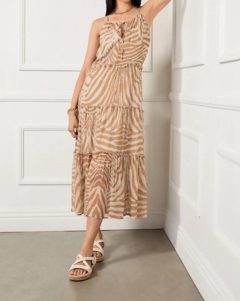 Front of a model wearing a size L Josephine Dress In Desert Zebra in Desert Zebra by Fifteen Twenty. | dia_product_style_image_id:359500